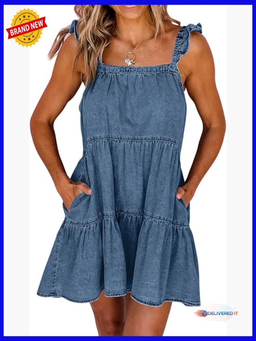 Summer Denim Dress Sleeveless Babydoll Mini with Pockets Ruffle Trim